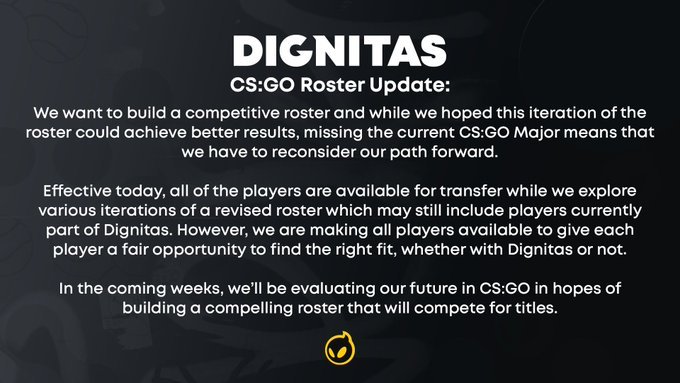 “ins搬运哥: Dignitas宣布将CS:GO整队列入转会名单今日Dignitas官推公告称：Dignitas希望组...