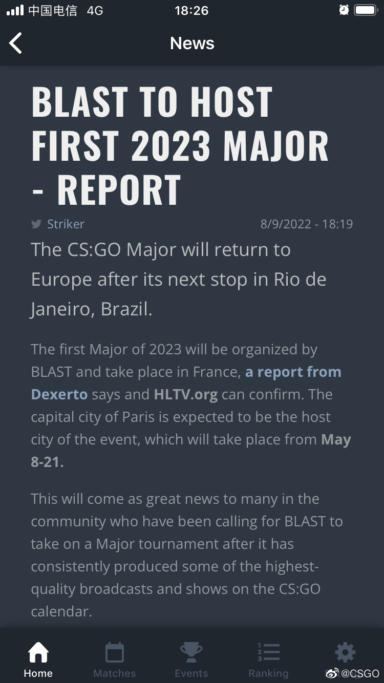 CSGO官博: A小道消息：据消息称BLAST将承办2023年春季Major，可能定在5月8日-21日在法国巴黎进行，目前尚未官宣，...