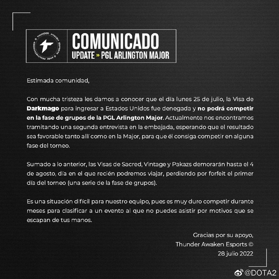 “DOTA2官博:  南美DOTA2战队Thunder Awaken在他们俱乐部的社交媒体上...