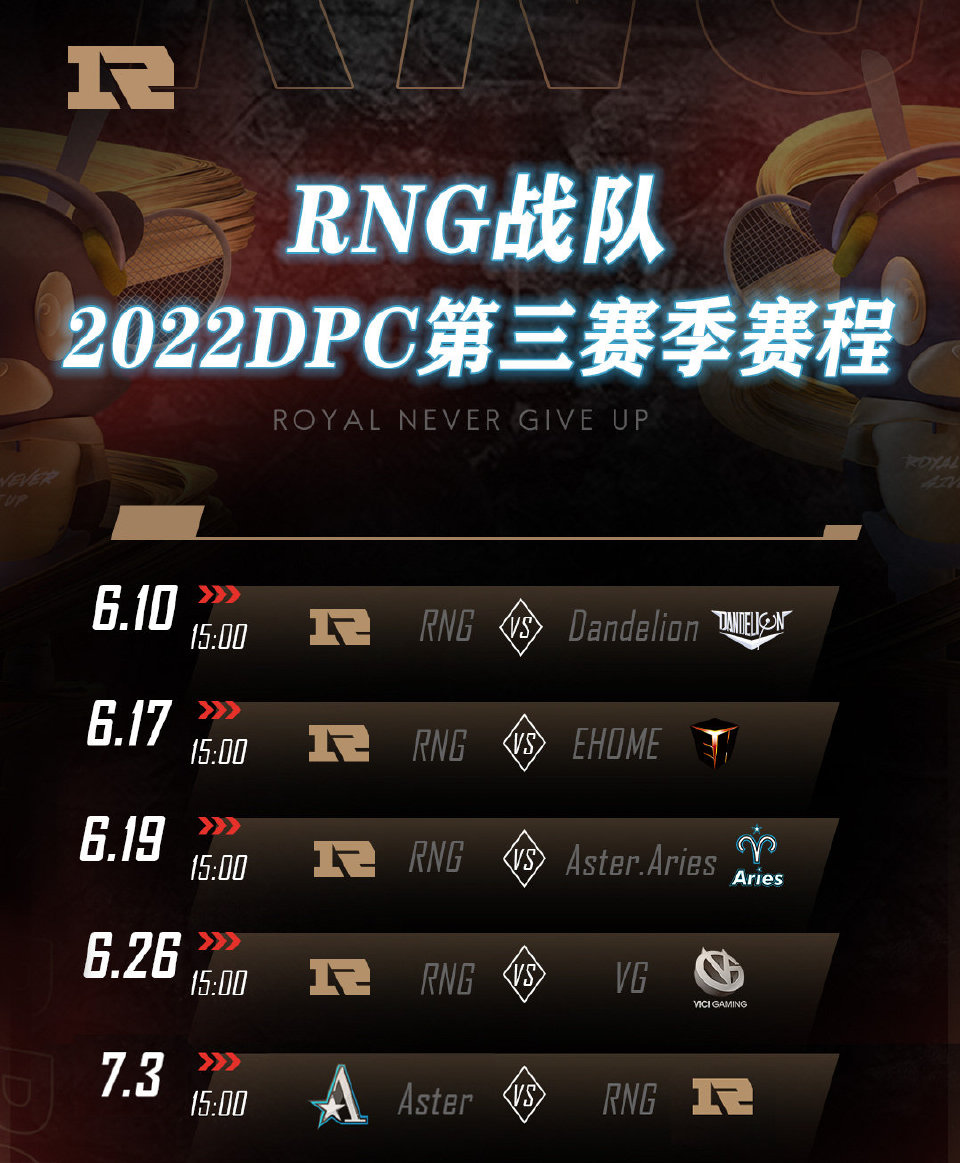 “RNG官博: 【赛事预告】2022DPC第三赛季- RNG赛程图6月10日 15:00 RNG VS D...
